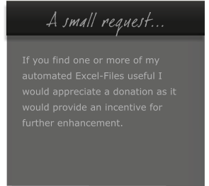 A small request...  If you find one or more of my  automated Excel-Files useful I would appreciate a donation as it  would provide an incentive for  further enhancement.